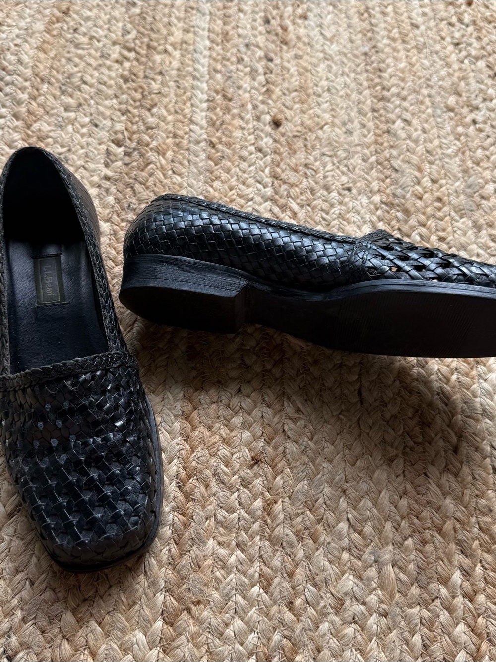 Vintage LL Bean Woven Leather Heel Loafers Women's 6.5 Black Slip On Flats Boho